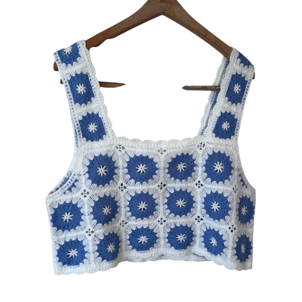 Altar'd State Crochet Crop Knit Top Boho Festival Granny Square Blue & White